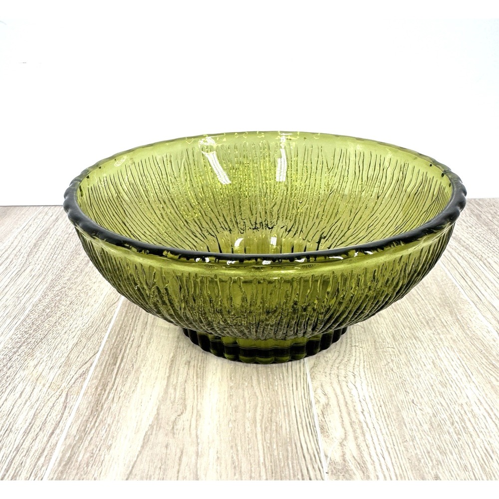 FTD Avocado‎ Green Textured Glass Serving Bowl Ribbed Retro Floral Vase Bowl